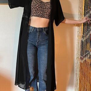 Melrose & Market Black Kimono Duster Crochet Detail Flutter Sleeves Boho Witchy
